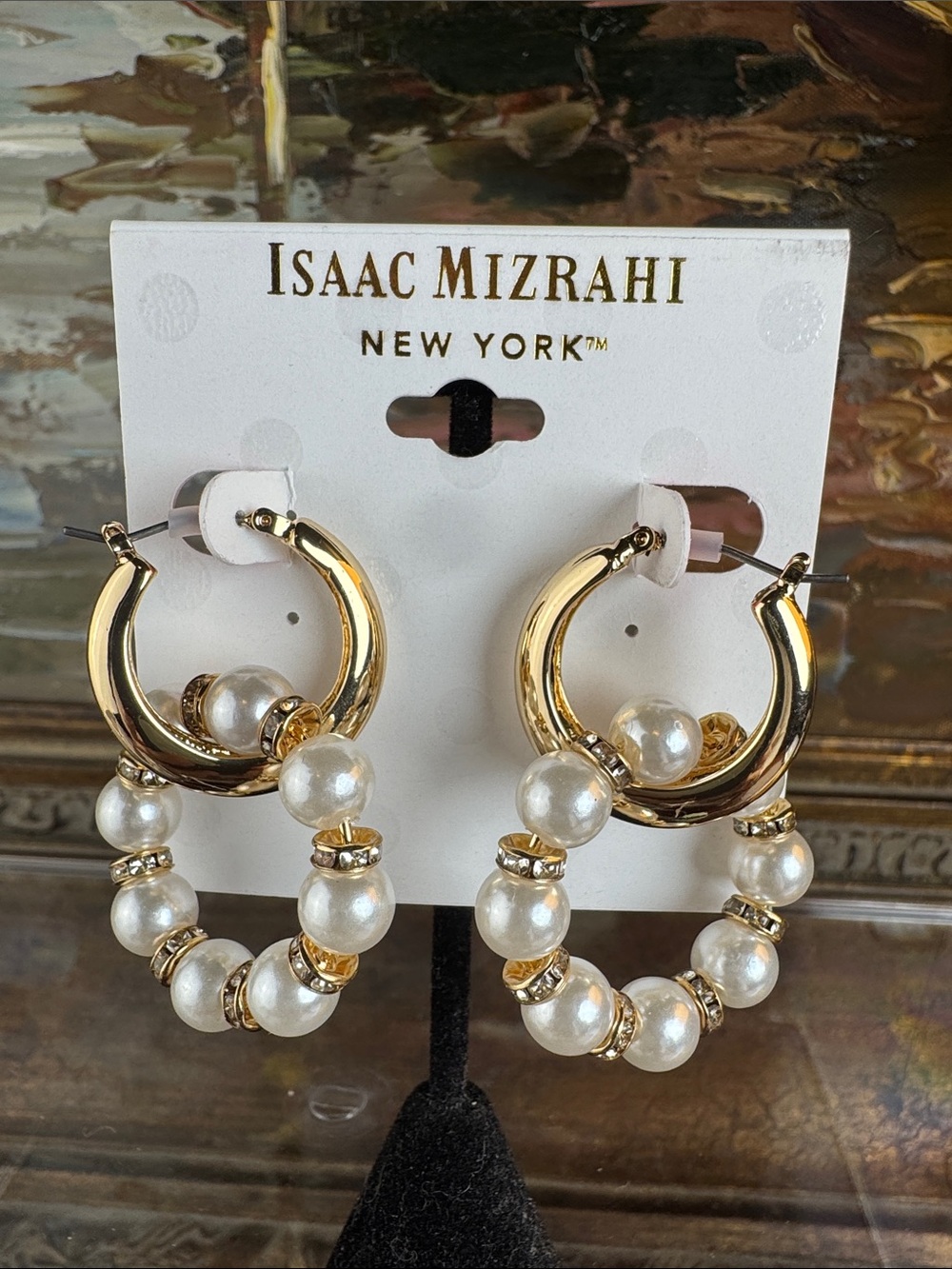 0606- Isaac Mizrahi Gold Hoop Earrings with White Pearls